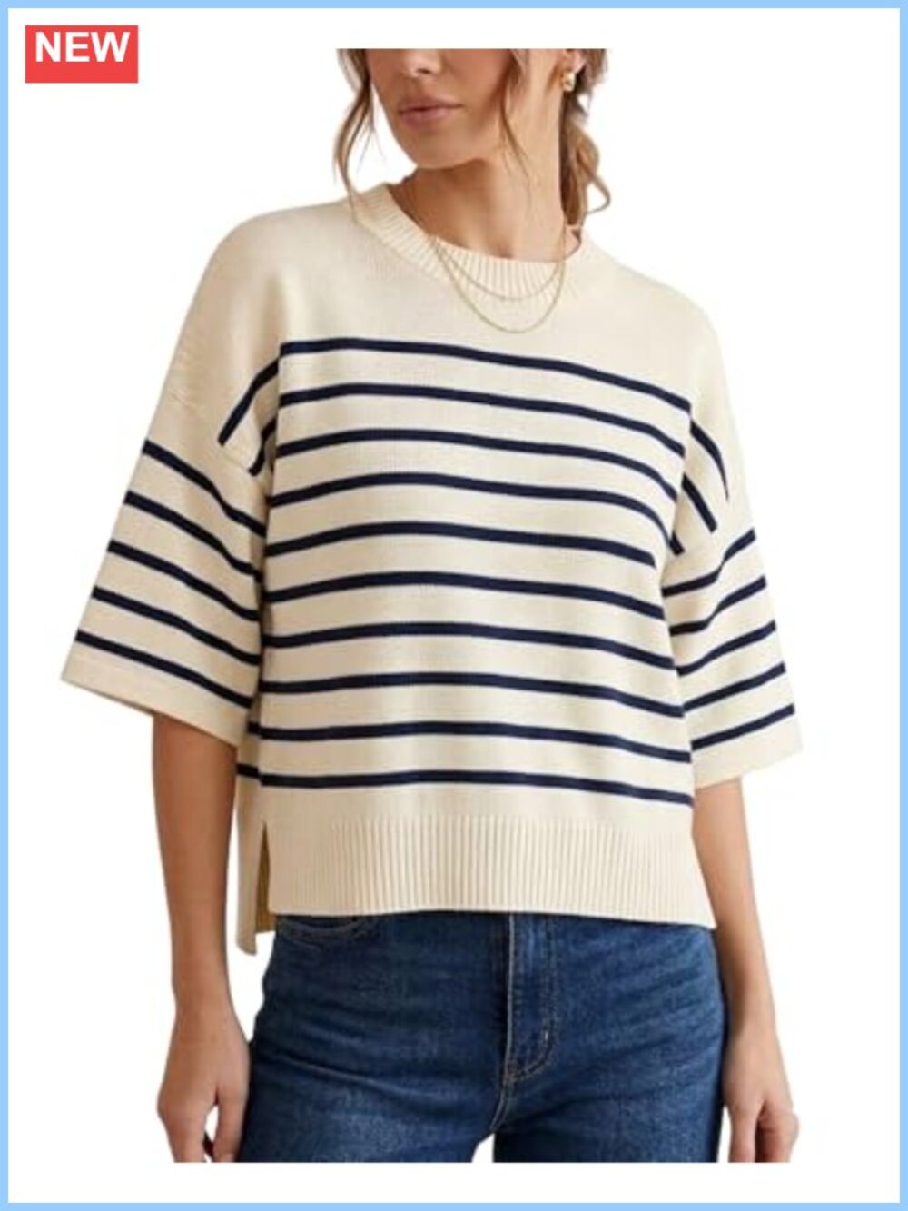 Women Striped Short Sleeve Sweater Crewneck Knit Top Side Slits Lightweight